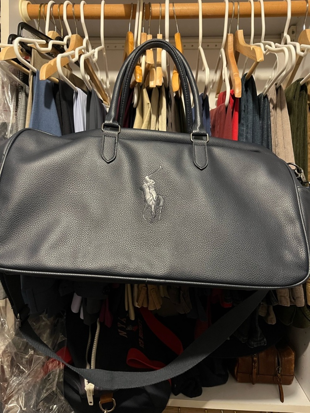 Ralph Lauren Navy Pebbled Leather Duffel with Embossed Polo